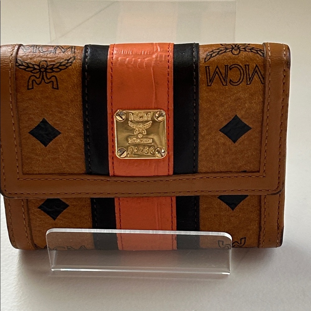 MCM Cognac Wallet with Orange and Black Center Stripe